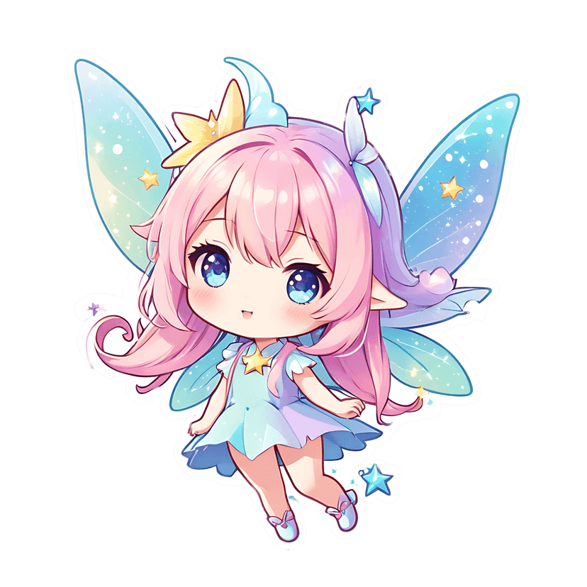 Pink hair chibi fairy sticker featuring a light blue dress, golden star crown, and translucent purple wings.