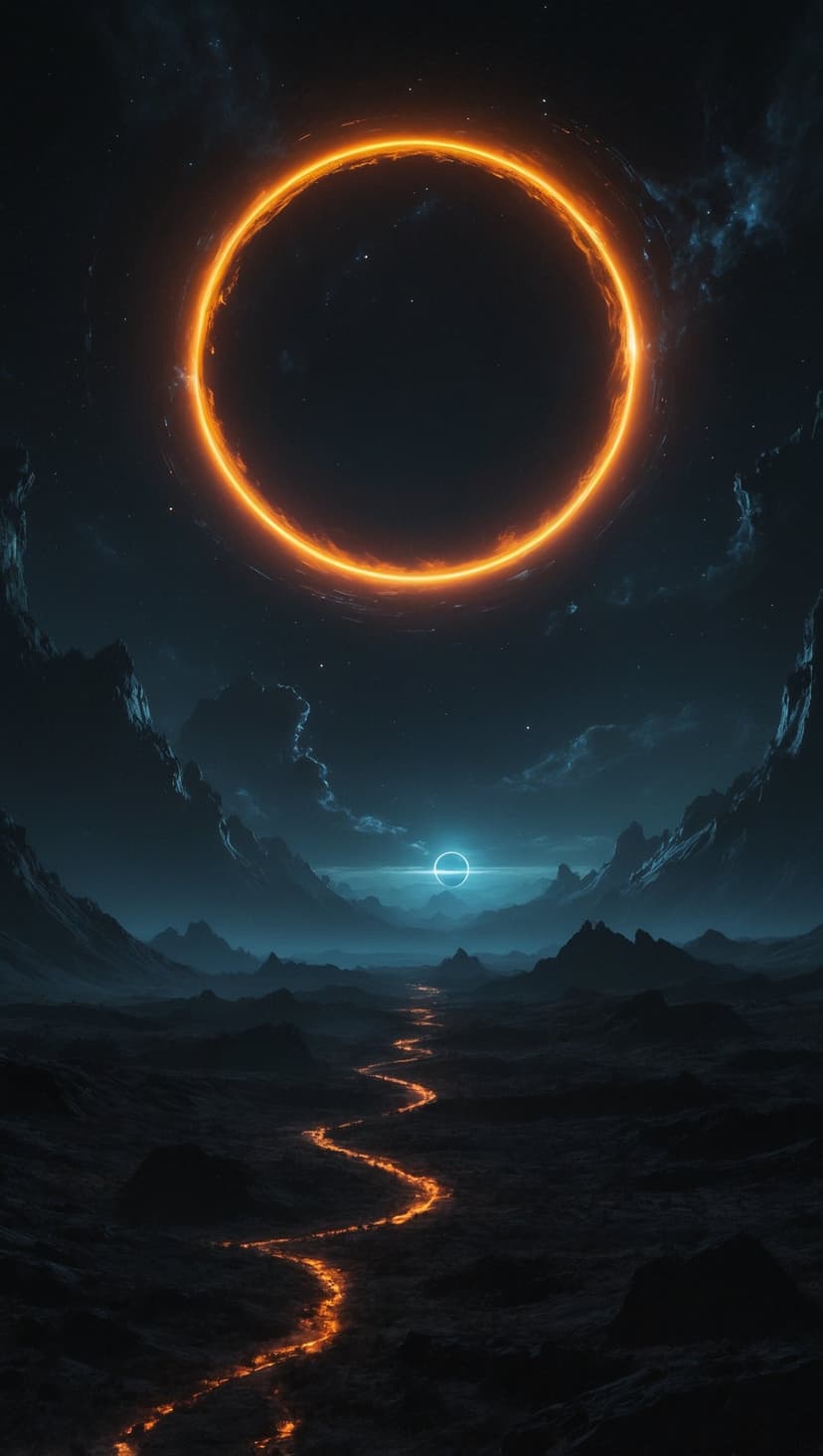 Glowing orange circular portal floats above a winding river of liquid lava among jagged dark mountain peaks.
