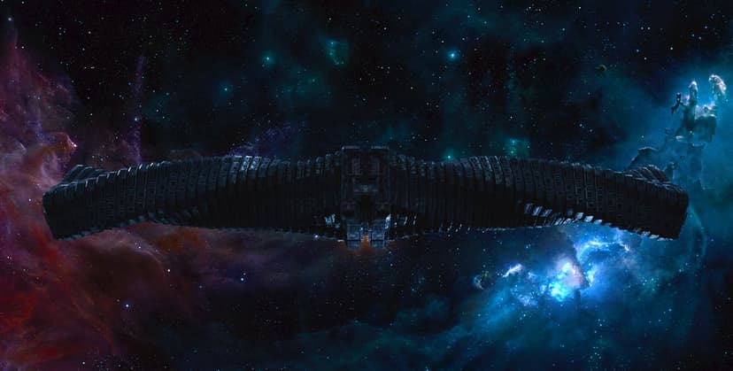 Dark textured spaceship centered between purple and blue nebulae in a vast star-filled cosmic space.