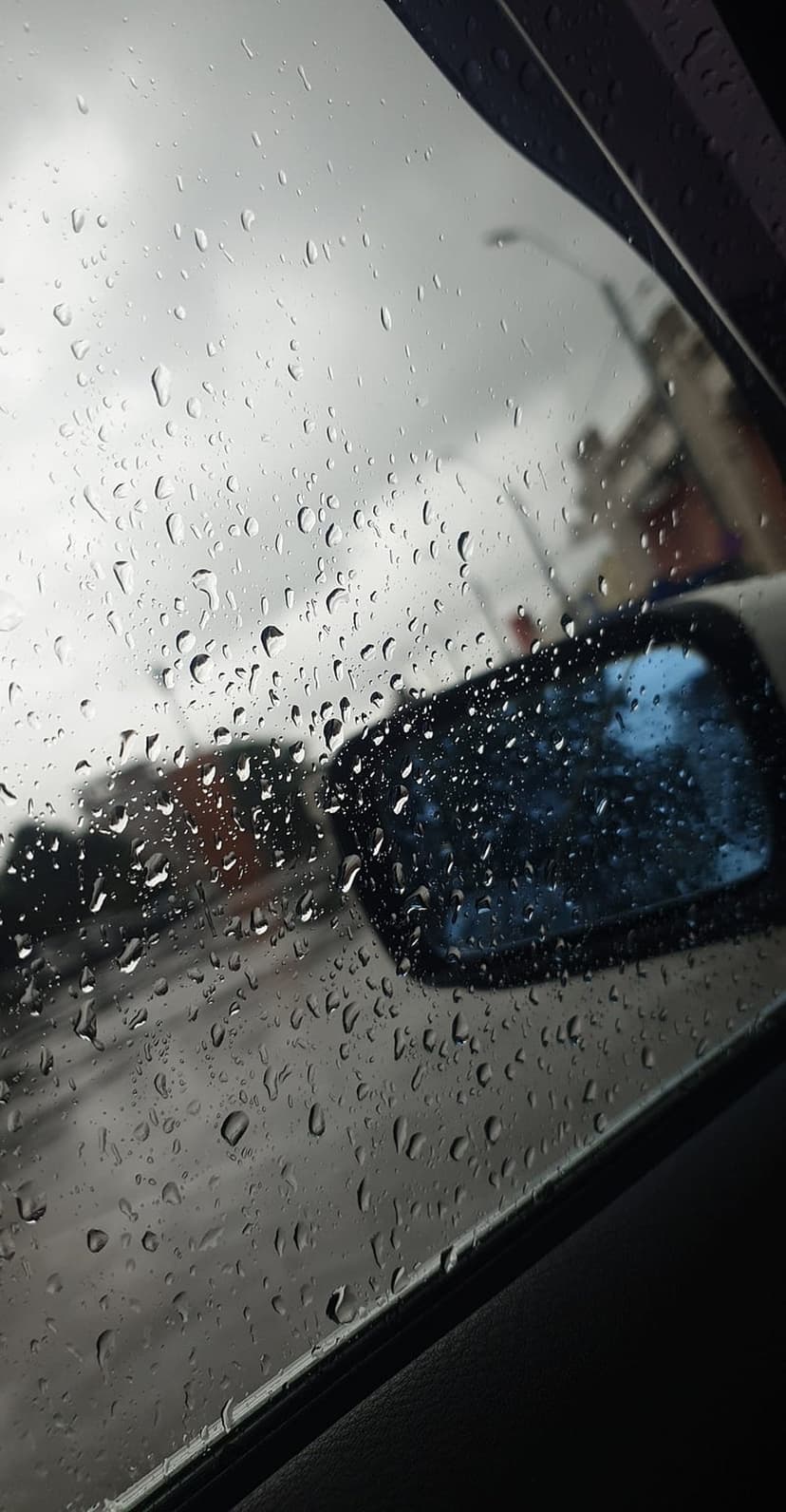 Raindrops on a car window blur a city street with a side mirror reflecting trees under a grey overcast sky.