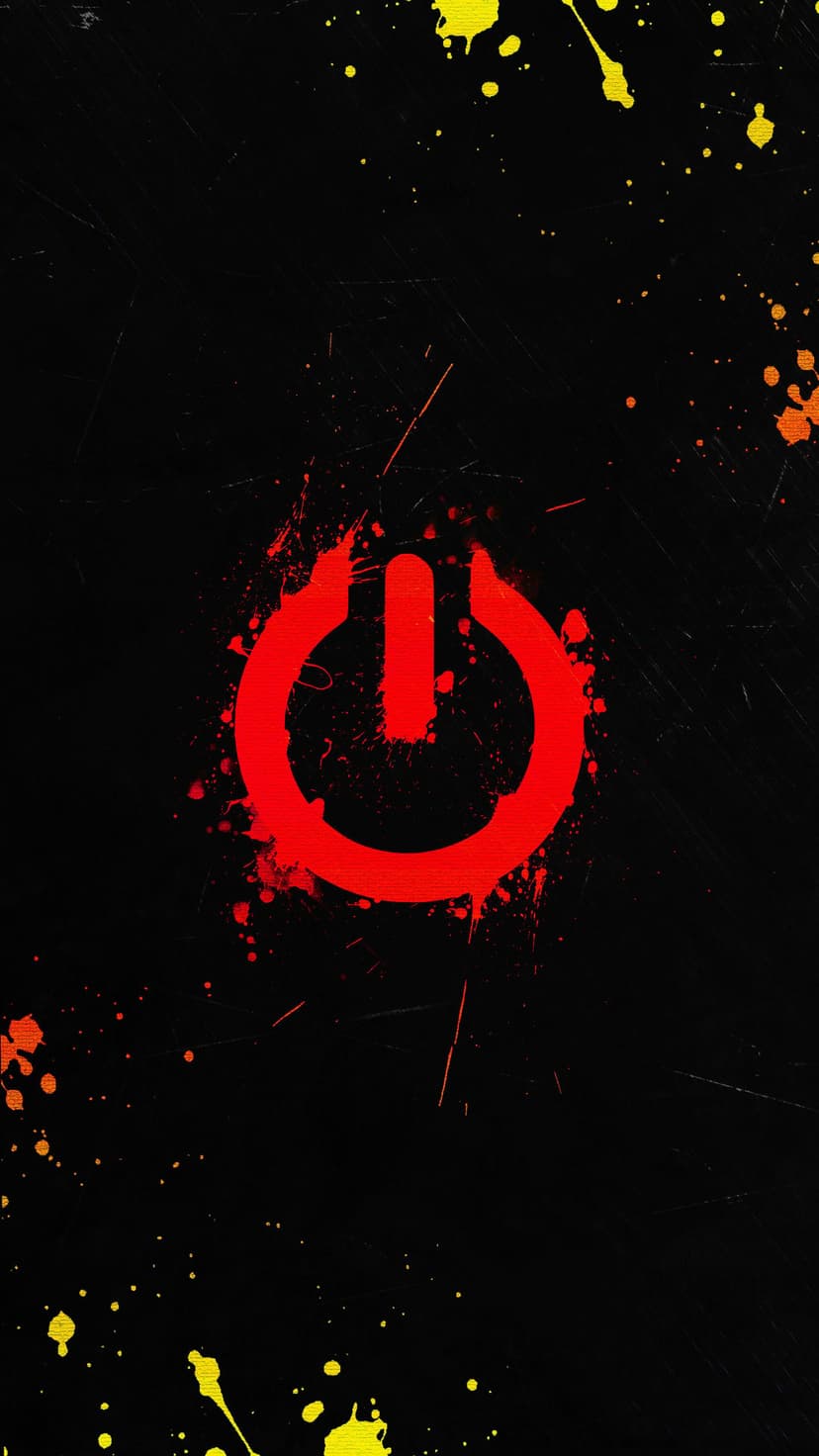 Red power button icon surrounded by vibrant orange and yellow paint splashes against a deep black background.