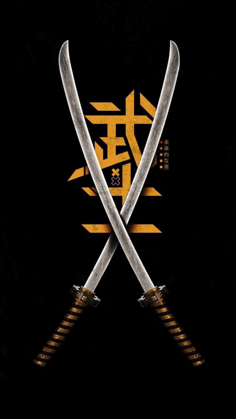 Crossed katana swords with golden hilts overlap a large yellow kanji symbol on a solid black background.
