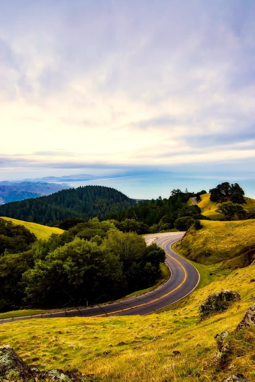 Winding asphalt road with yellow lines curves through golden grassy hills toward a distant blue ocean coastline.