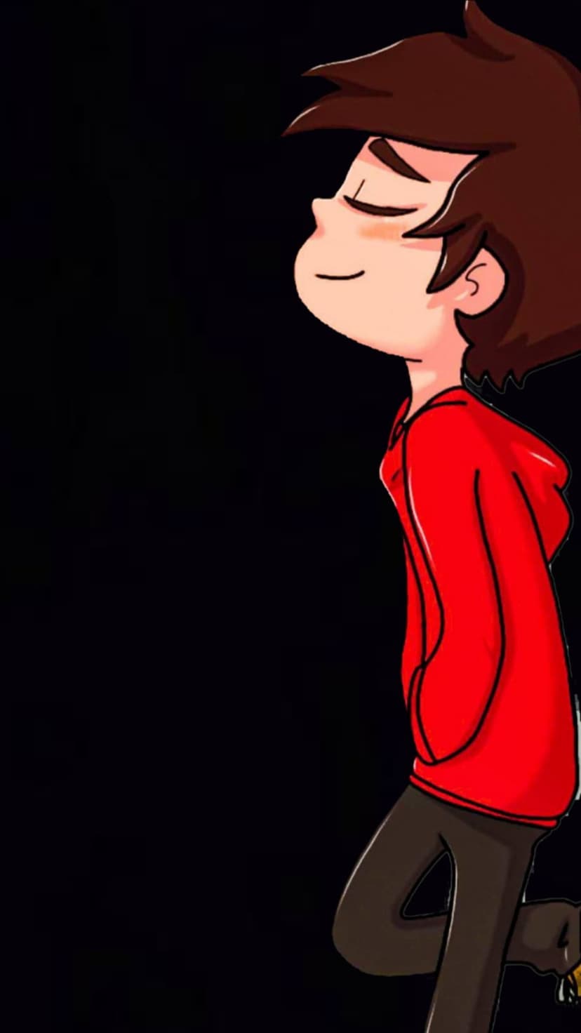 Boy in a red hoodie stands in profile with closed eyes and blushing cheeks against a black background.