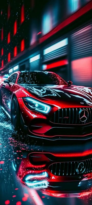 Red Mercedes Sports Car in Neon City Lights