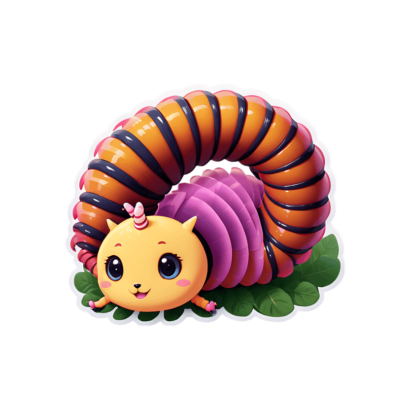 Yellow caterpillar sticker with a glossy 3d texture and pink antennae rests on green leaves with a white outline.