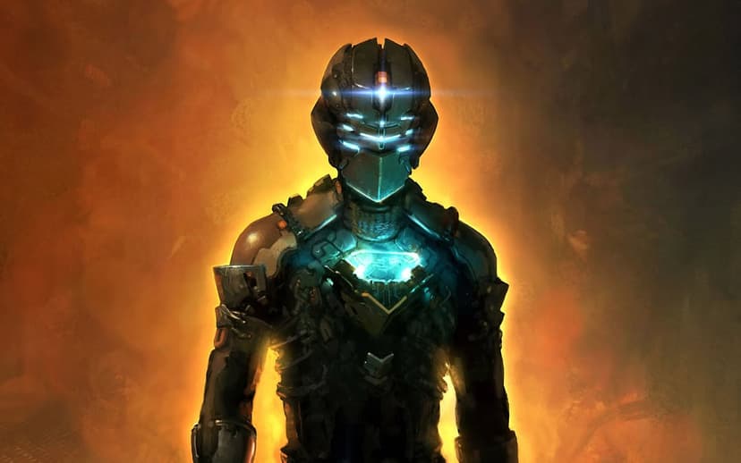 Sci-fi space engineer in dark mechanical armor with glowing blue visor slits against a fiery orange backdrop.