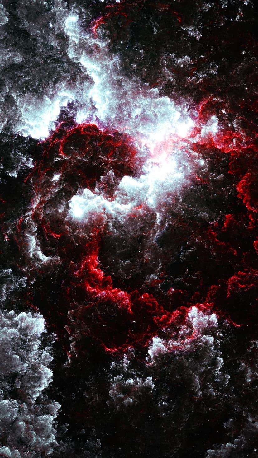 Red and white nebular clouds swirling in a dark cosmic void create a high-contrast vertical interstellar scene.