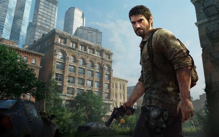 Joel Miller holding a revolver in a sunlit, overgrown city with skyscrapers and abandoned cars in the background.