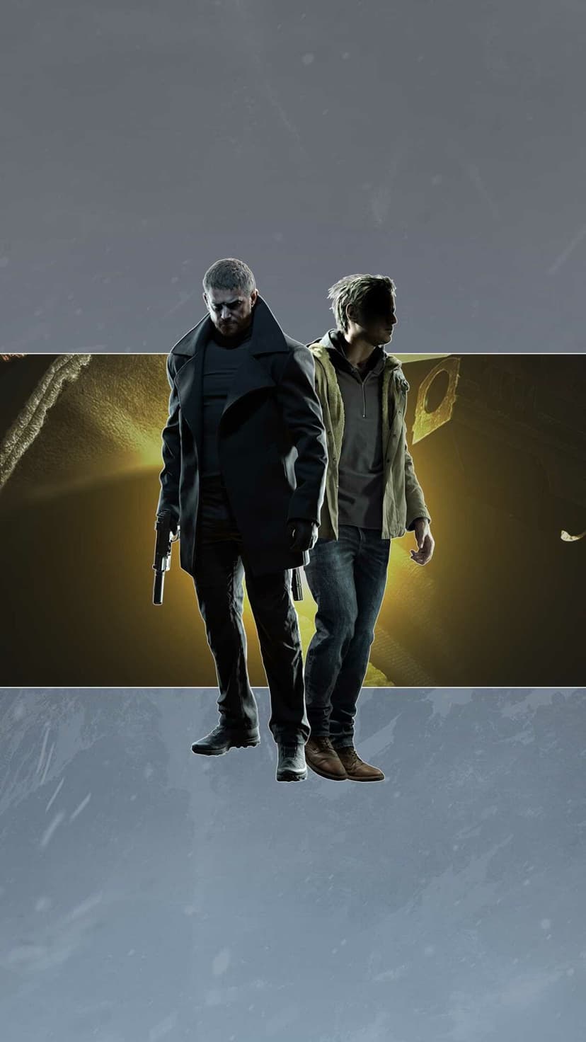 Chris Redfield and Ethan Winters stand against a dark textured background with a central golden glow.