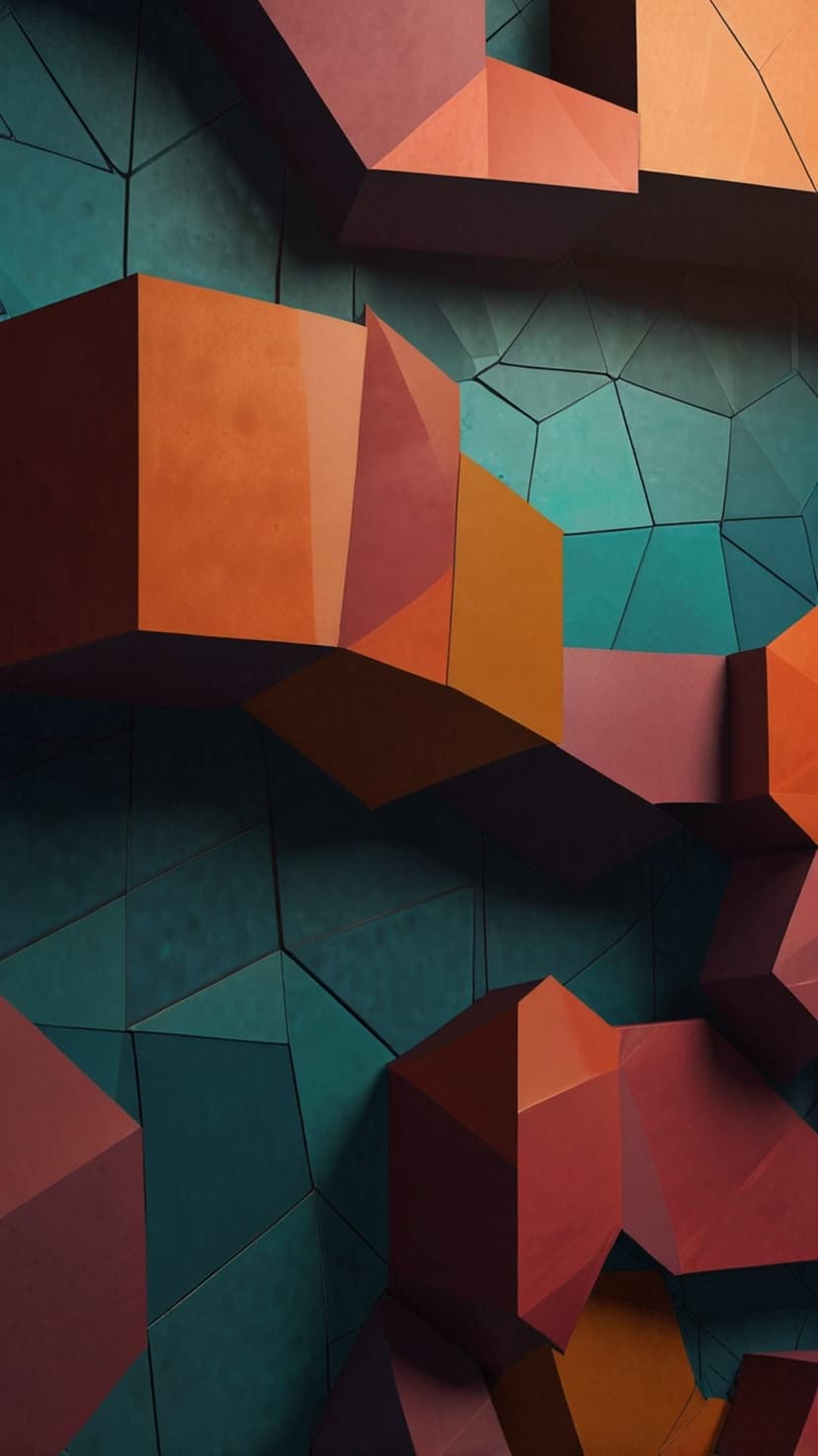 Angular 3D geometric shapes in orange and red tones float against a textured teal faceted backdrop with shadows.