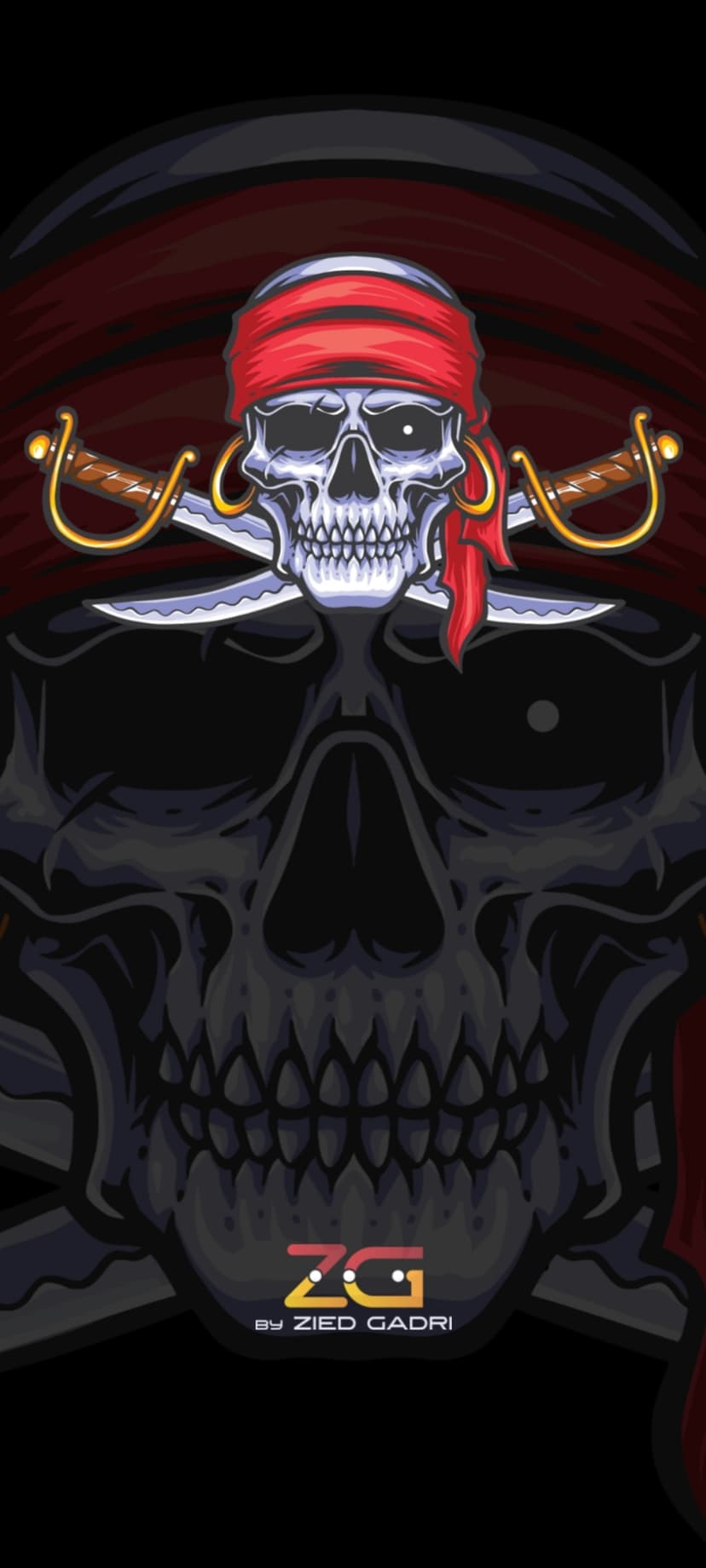 Pirate skull wearing a red bandana with crossed swords behind it, featuring one glowing eye and sharp teeth.