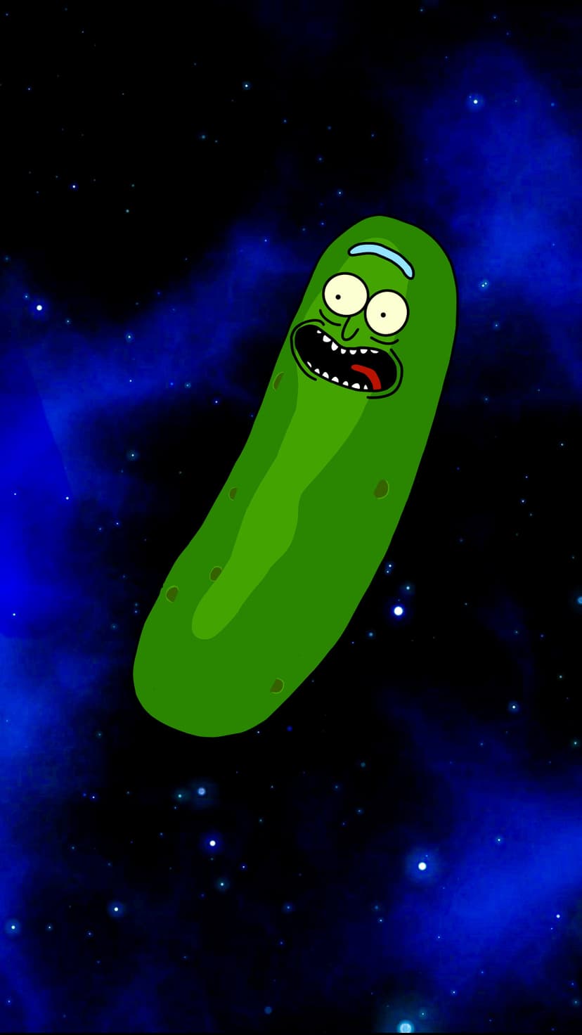 Pickle Rick screams with wide eyes while floating through a dark blue star-filled nebula in deep space.