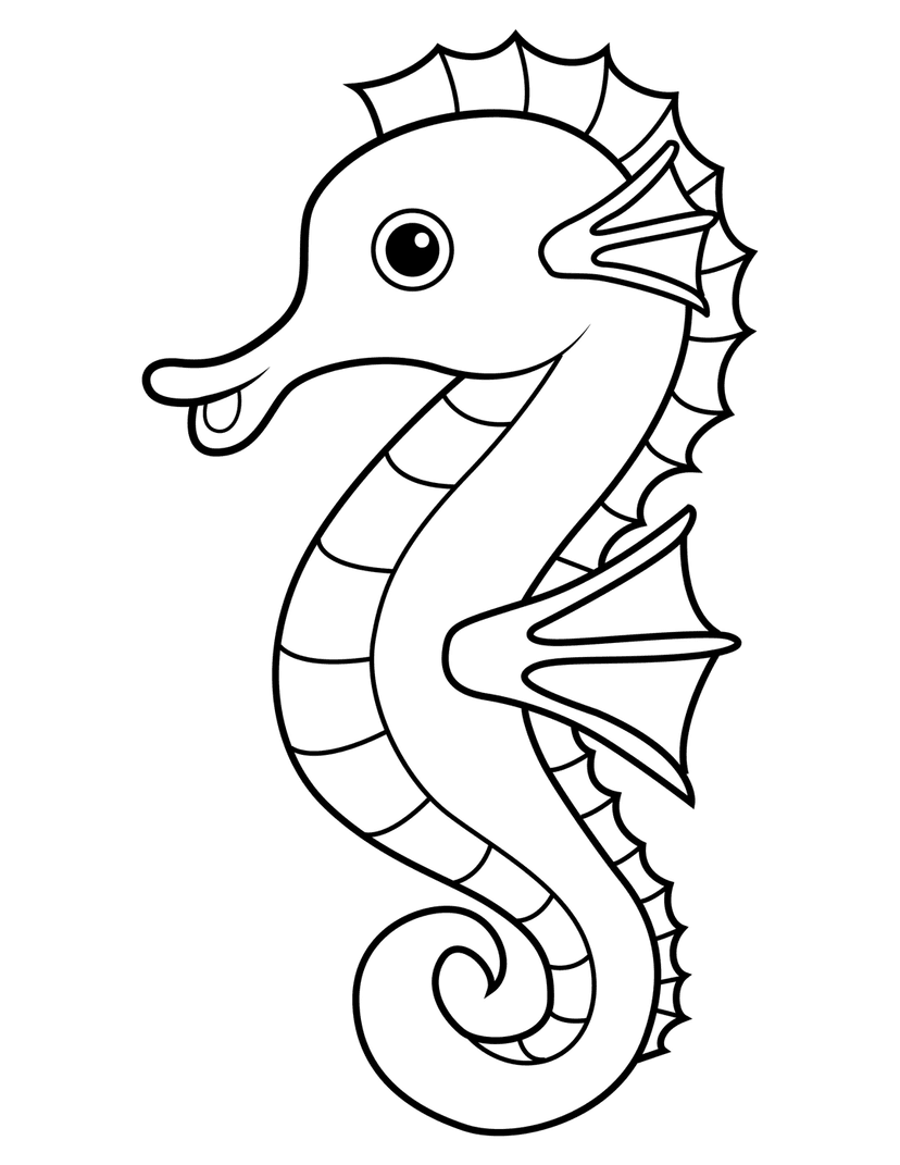 Seahorse line art illustration features a side profile with a coiled tail and spiny dorsal fins on white background.