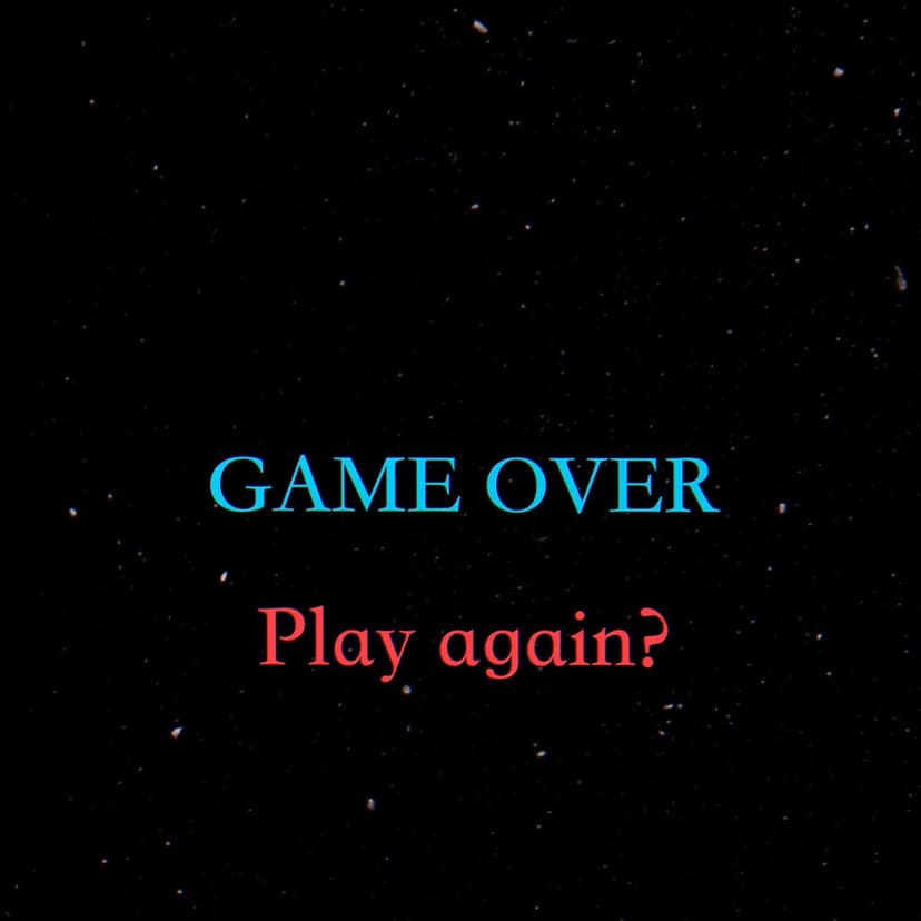 Cyan Game Over text and red Play Again prompt glow against a black background filled with tiny white stars.