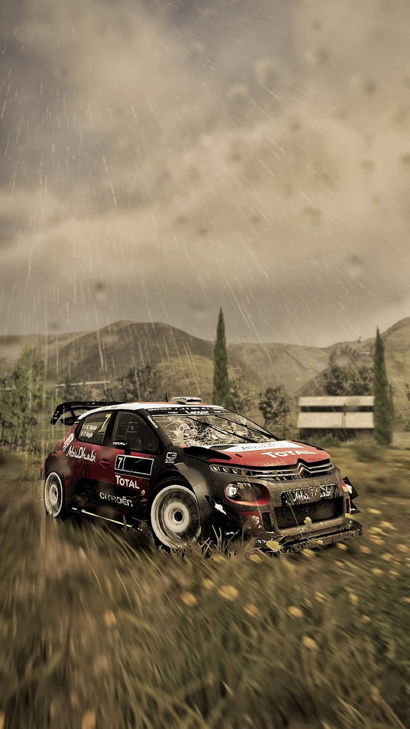 Rally racing car kicking up water and grass while driving through heavy rainfall on a rural hillside terrain.