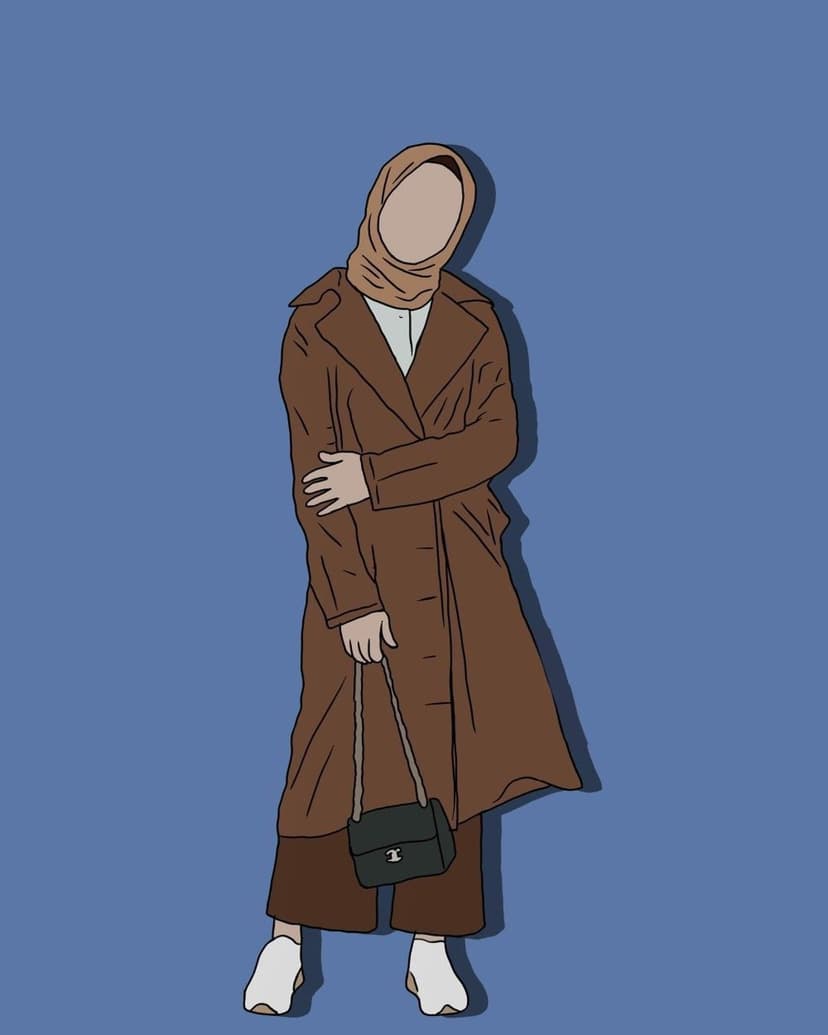 Faceless woman in a brown hijab and long coat holding a black bag against a solid light blue background.