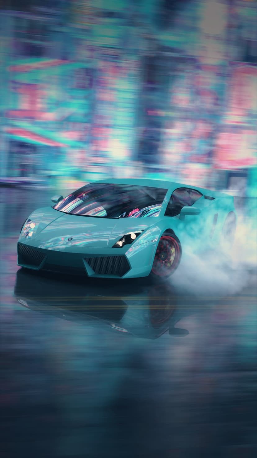 Turquoise sports car drifting with tire smoke amidst pink and blue neon city lights at night on a wet street.
