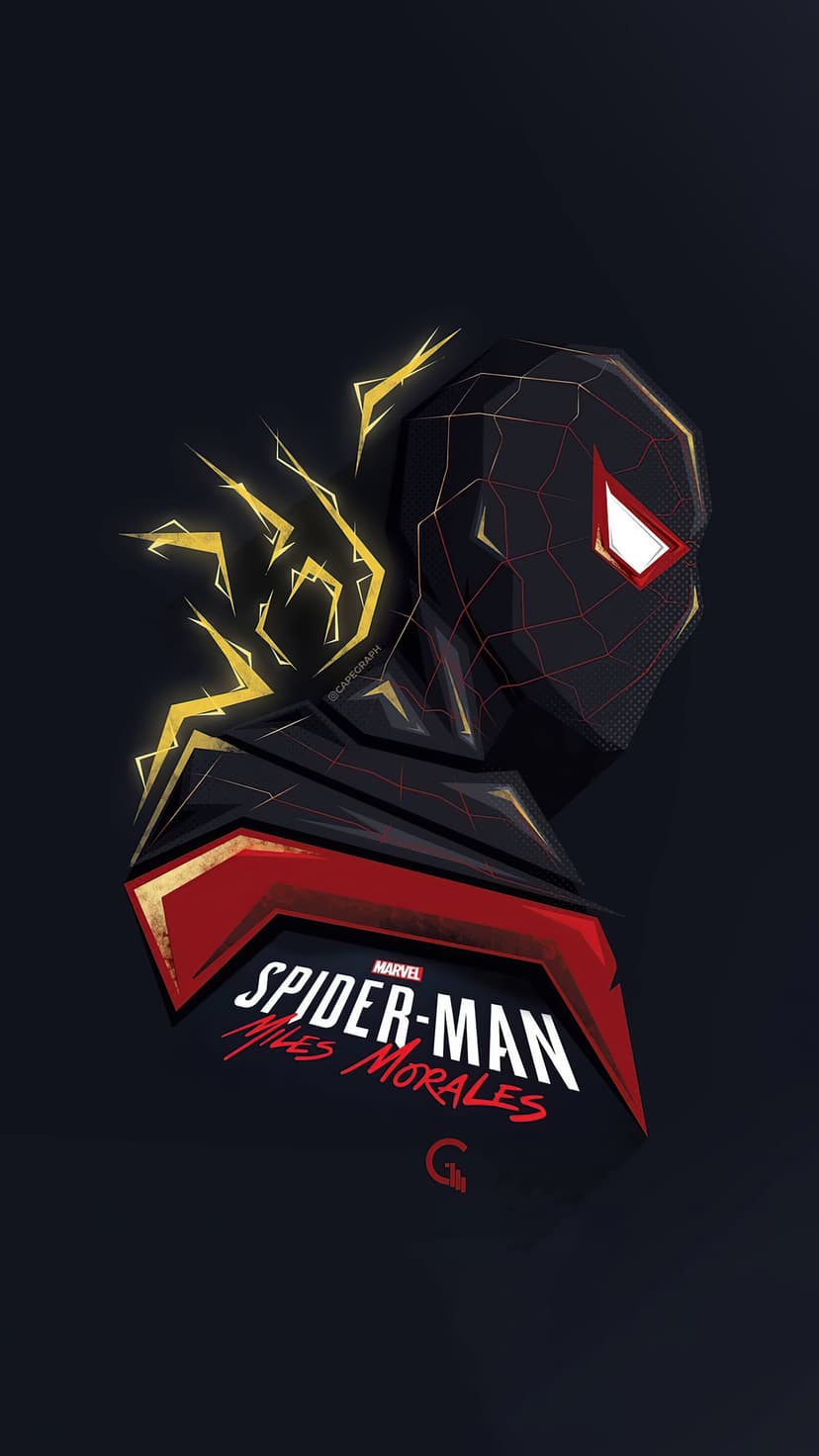 Miles Morales wearing a black and red suit emits yellow lightning from his head and shoulders against dark space.