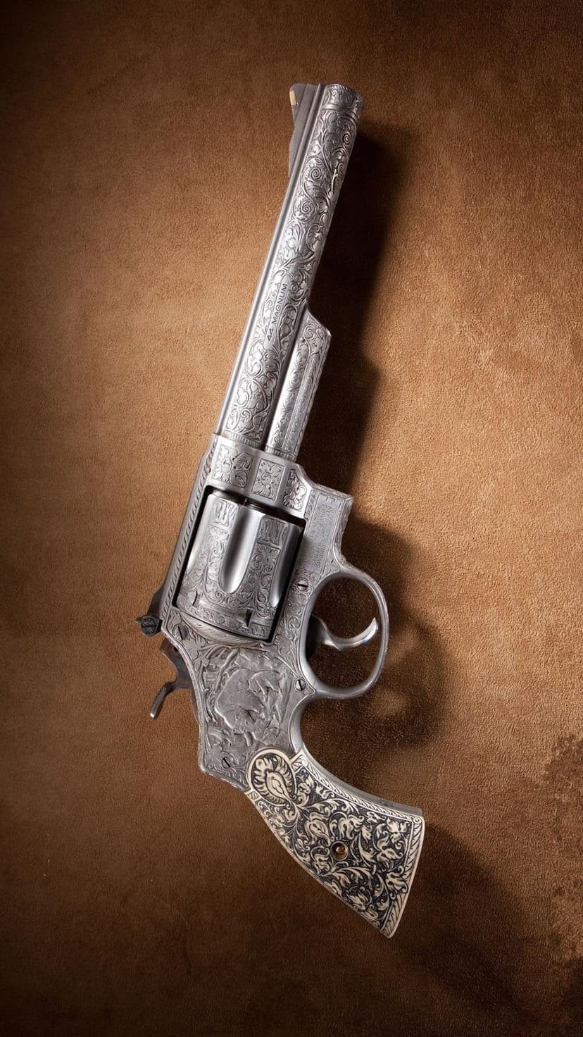Silver engraved revolver with floral scrollwork and white grips rests against a textured brown surface.