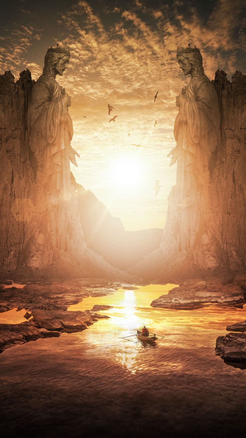 Massive stone statues tower over a golden river where a small boat sails beneath a bird-filled sunset sky.