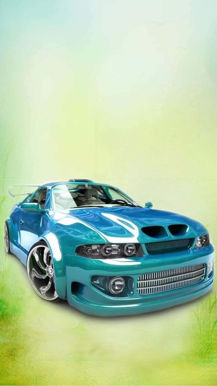 Futuristic blue sportscar with a wide body kit and large rear wing against a green and blue gradient background.