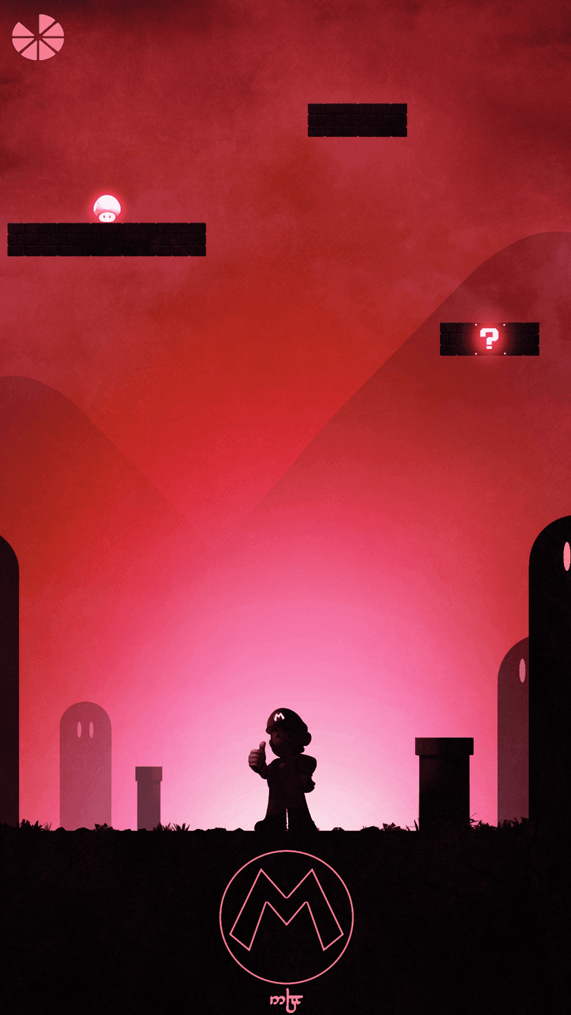 Mario silhouette giving a thumbs-up against a red sunset with floating mystery blocks and green pipes.