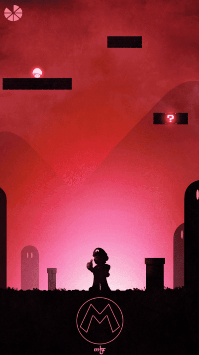 Mario Silhouette in Red Sky with Game Elements
