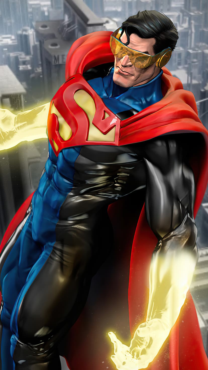 Superman wearing golden goggles and a red cape raises a glowing yellow hand against a blurred city skyline.