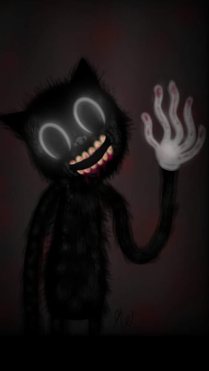 Black cartoon cat with glowing white eyes and a bloody, toothy smile waves a pale hand against a dark background.