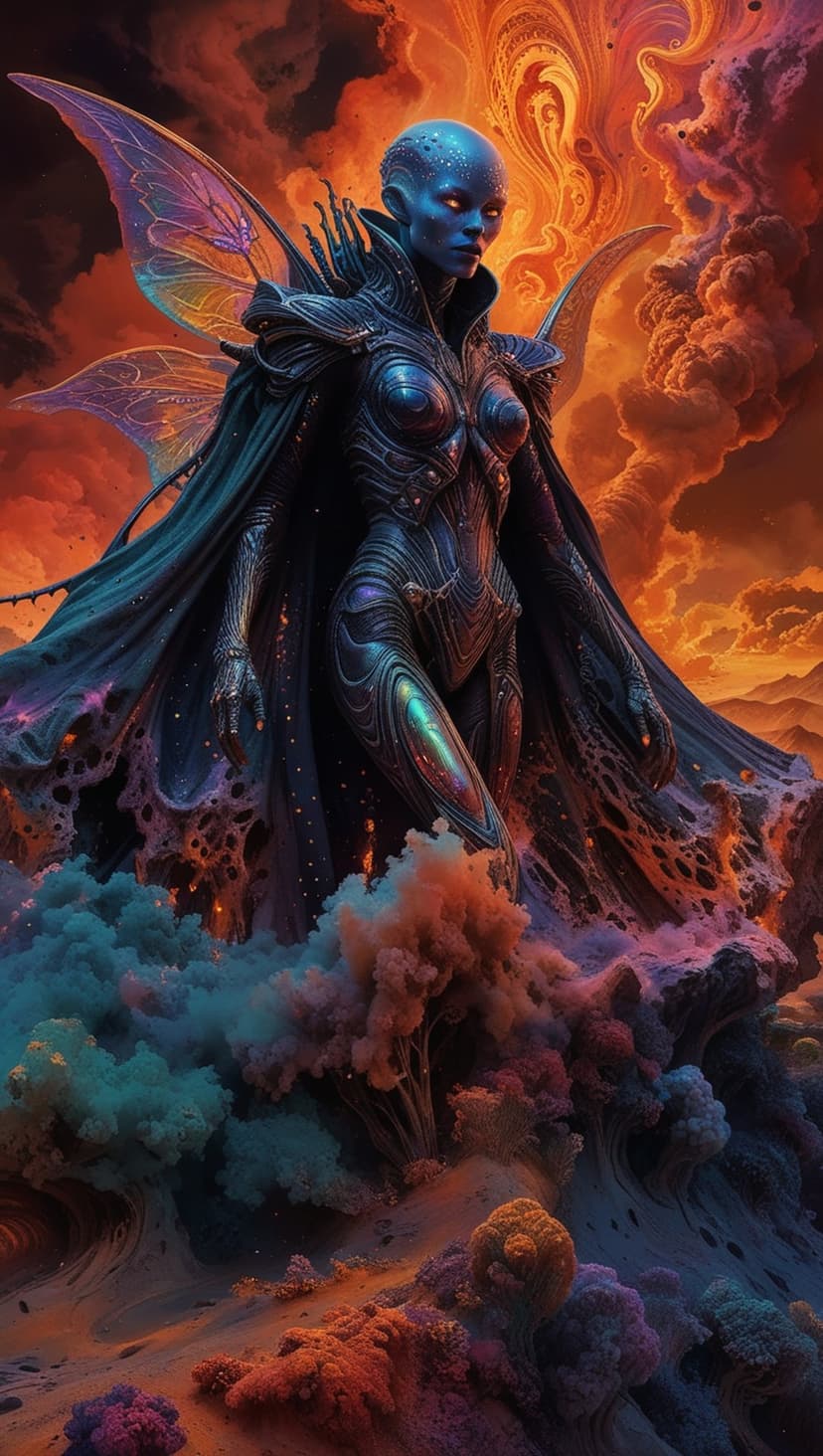 Alien fairy with glowing blue skin and iridescent wings wearing silver armor against a red and orange nebula.