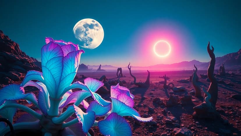 Bioluminescent neon plants grow on a rocky alien planet beneath a lunar eclipse and a large ringed sun.