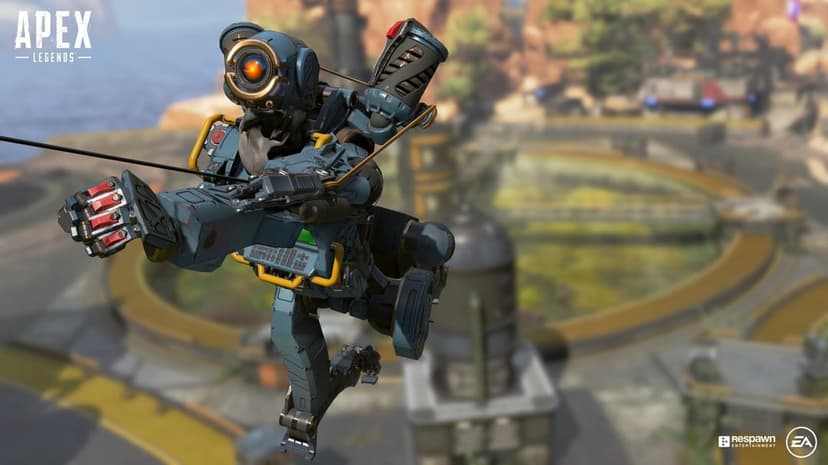 Pathfinder from Apex Legends swings on a grapple over a blurred desert canyon map in bright daylight.
