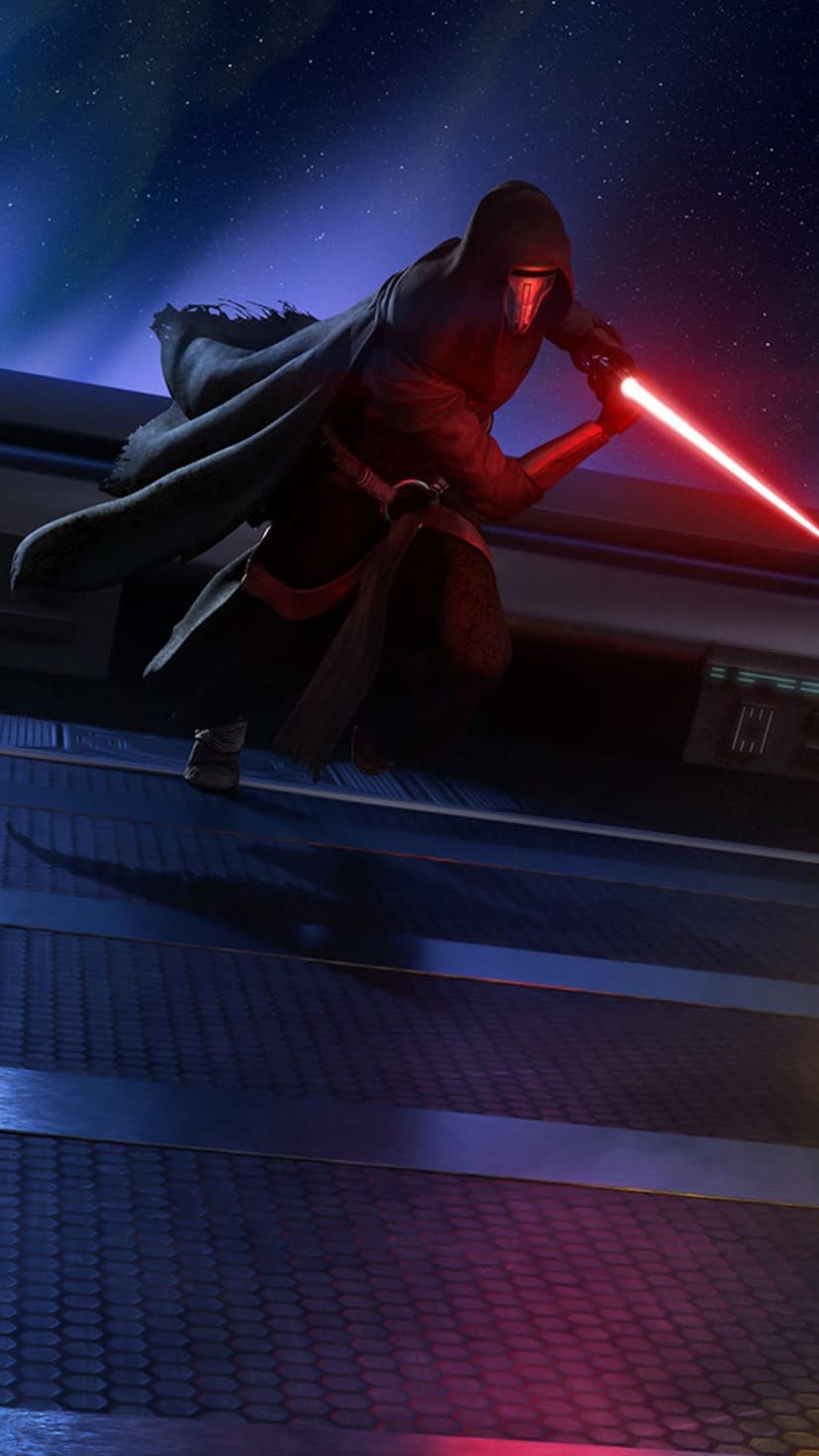 Masked Sith Lord Revan lunges forward with a glowing red lightsaber in a dark, starry space environment.