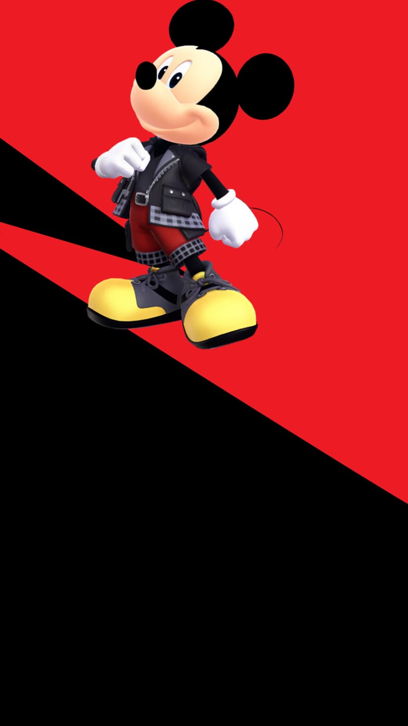 Mickey Mouse in a black leather jacket and red shorts stands before a diagonal red and black split background.
