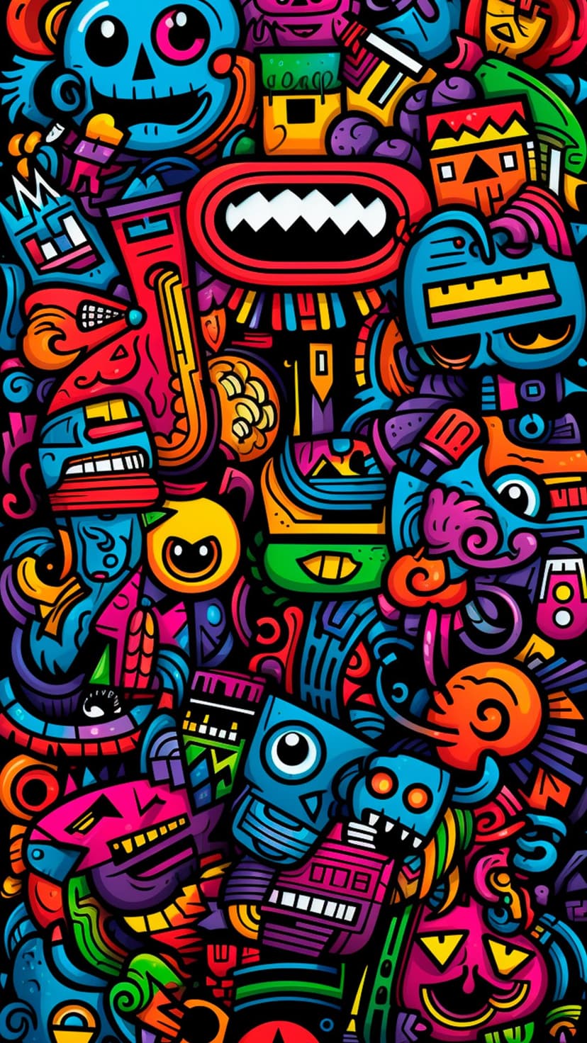 Multicolored monsters and abstract shapes cluster together in a dense, hand-drawn pattern with bold outlines.