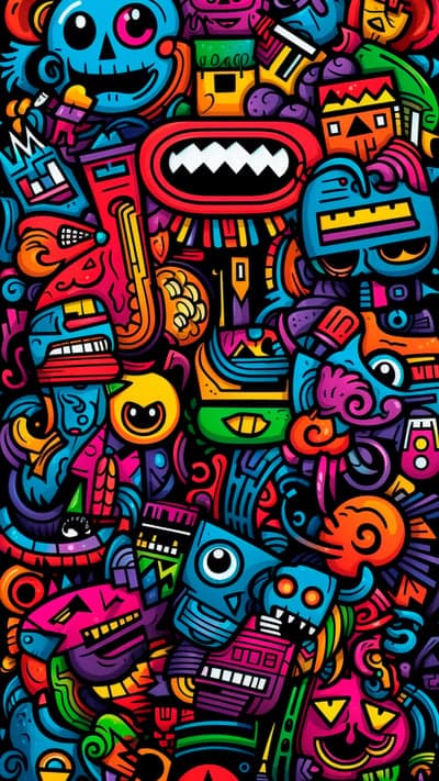 Vibrant Doodle Art: Colorful Monsters and Abstract Shapes