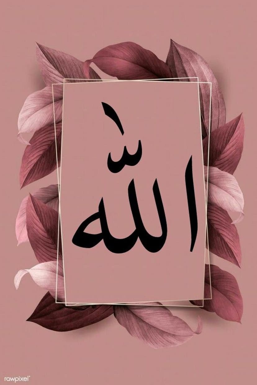 Black Arabic script for Allah inside a white frame surrounded by deep pink leaves on a pale pink background.
