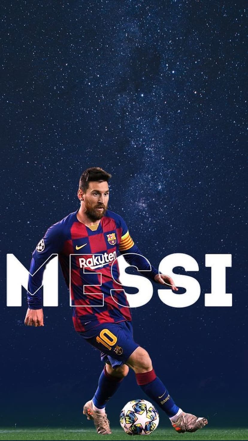Lionel Messi stands with a soccer ball under a starry night sky with his name written in large white letters.