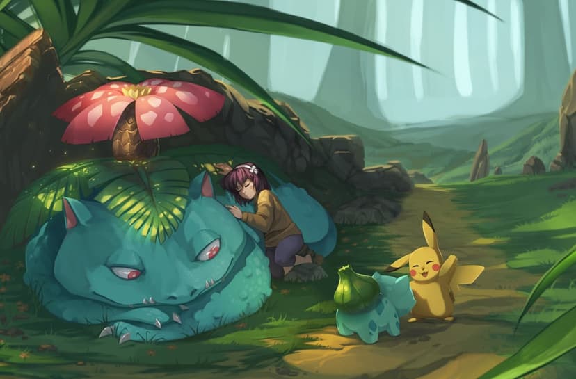 Venusaur resting in a forest with a sleeping girl, while Pikachu and Bulbasaur walk on a nearby dirt path.
