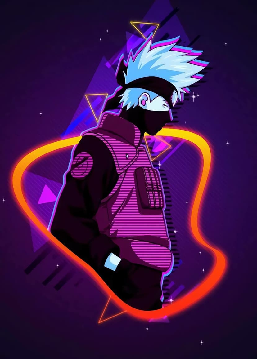 Kakashi Hatake features a glowing orange outline and black headband against a purple starry geometric background.