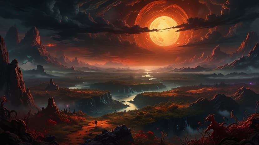 Jagged dark mountains frame a winding river under a massive orange sun and swirling fiery clouds in a misty valley.
