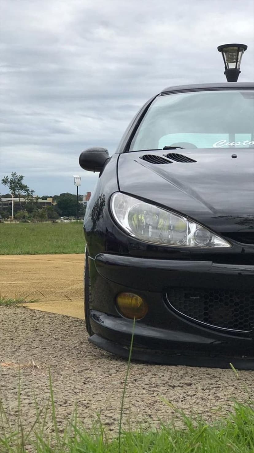 Black Peugeot 206 hatchback with yellow fog lights parked on grass under a cloudy sky from a low front angle.