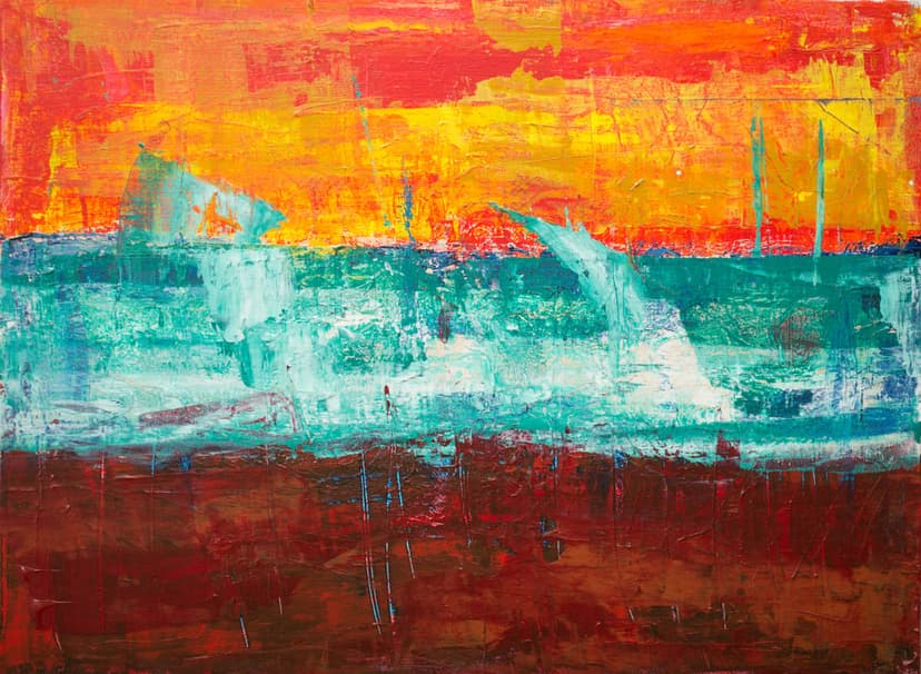 Abstract red sky over blue ocean waves with textured orange and teal brushstrokes on a vertical canvas.
