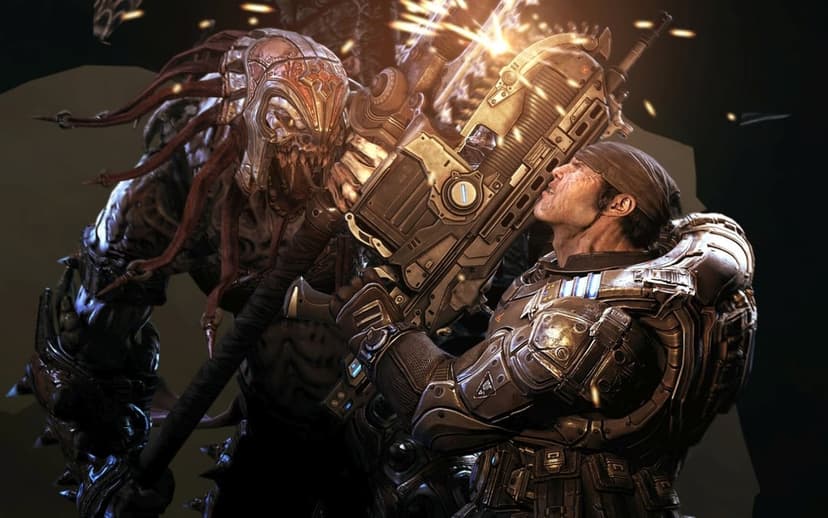 Marcus Fenix engages in a Lancer chainsaw duel with a Locust creature amidst flying sparks and dark lighting.