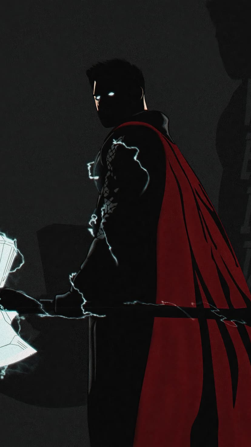 Thor stands silhouetted with glowing white eyes and a flowing red cape as lightning strikes Mjolnir in the dark.