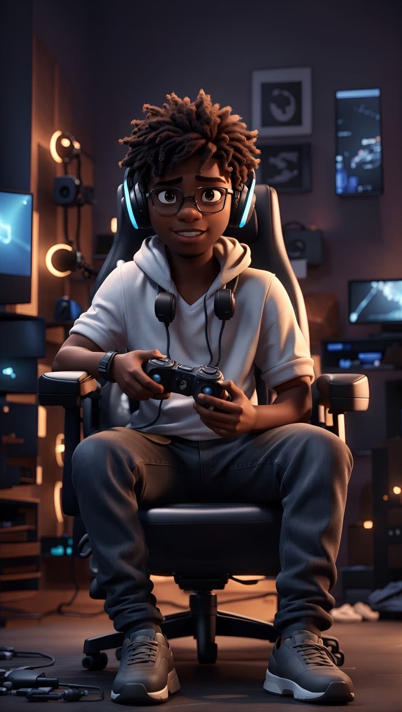 Black male with dreadlocks wearing glasses and headphones holds a gaming controller in a neon-lit room.