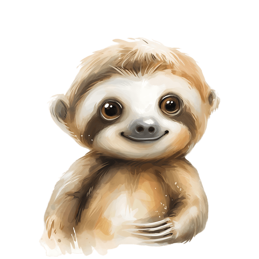 Watercolor baby sloth illustration featuring soft brown fur and large eyes against a solid black background.