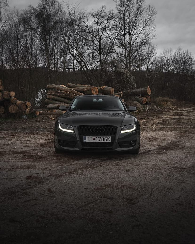 Audi A5 Coupe with glowing headlights parked beside stacked logs in a misty, overcast forest setting during winter.