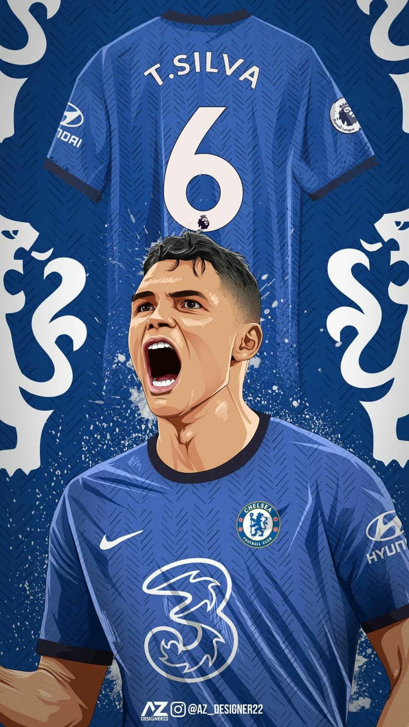 Thiago Silva wears a blue Chelsea jersey while celebrating with arms raised against a stylized background.